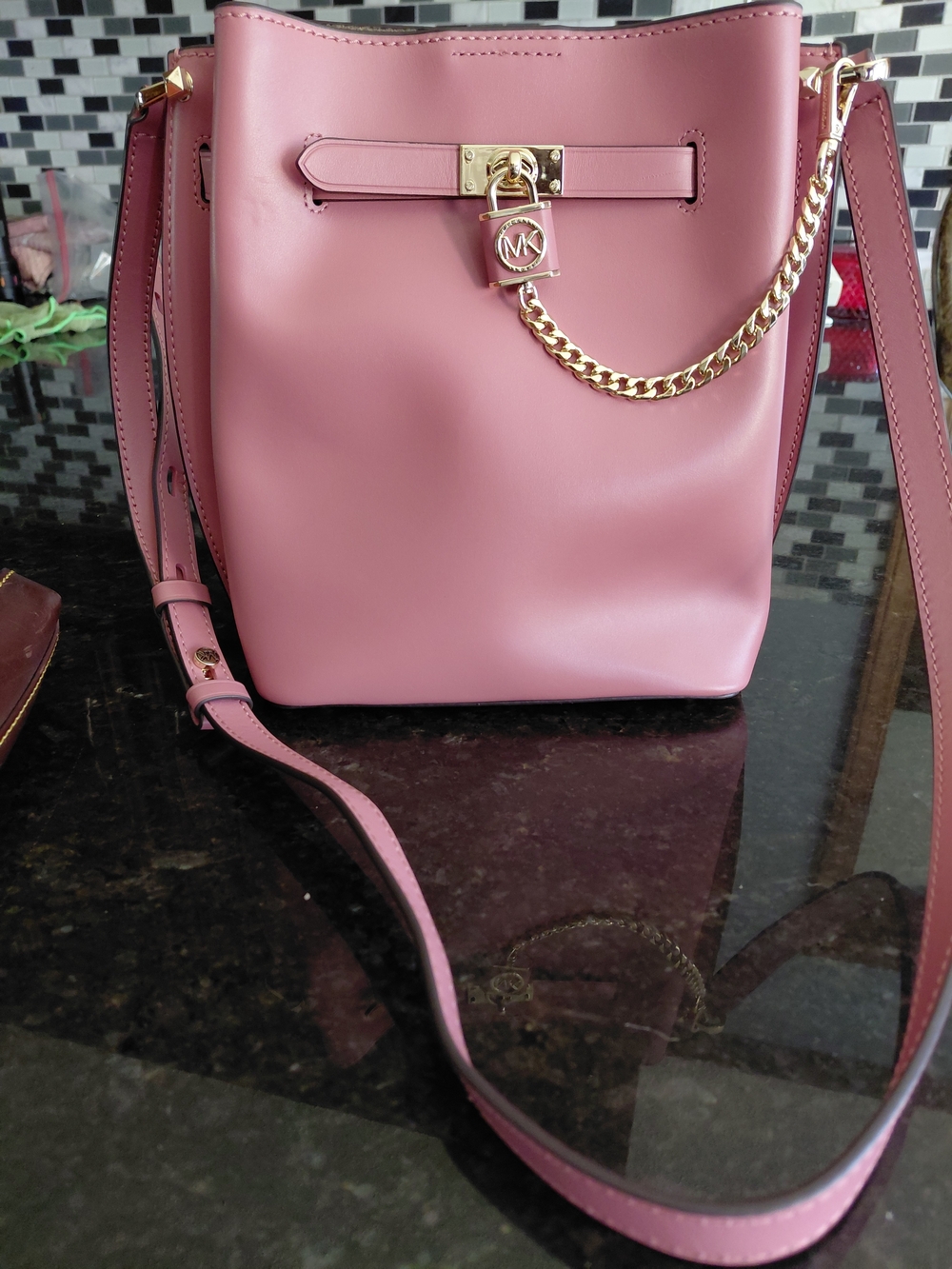 Michael Kors Pink Leather Chain-Accent Crossbody Bucket Bag